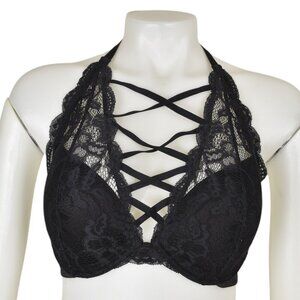 La Senza Black Lace Halter Bra 34D - Strappy Front Cage Detail Bralette